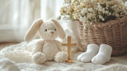 concept of baptism, children's things and a toy rabbit. Selective focus