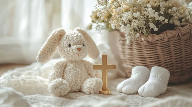 concept of baptism, children's things and a toy rabbit. Selective focus