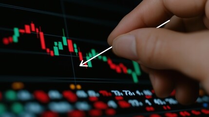 Hand pointing at market chart with red and green candlestick pattern showing financial data analysis and investment strategy