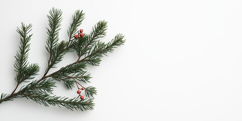 Obraz premium Pine tree branch with small red berries and plenty of copy space, festive minimalist design