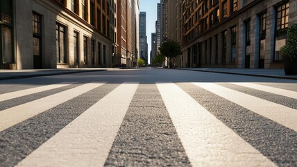 Obraz premium A wide boulevard under bright sunlight, with shadows of buildings stretching across the street and a gentle breeze blowing