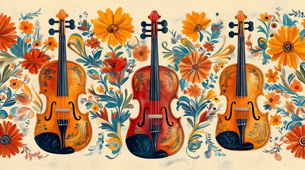 Naklejka premium Mariachi Violin and Trumpet Pattern, with beautifully decorated violins and trumpets in Mariachi style, Hispanic heritage, with copy space