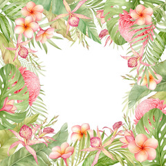 Frame with tropical flowers and leaves watercolor isolated illustrations