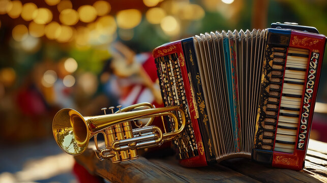 Accordion and Trumpet Duo, traditional accordion and trumpet side by side, representing Tejano and Mariachi music, Hispanic heritage, with copy space