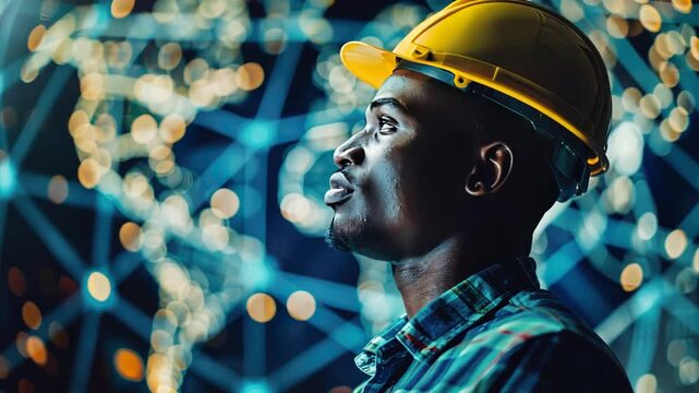 Visionary Builder: A close-up portrait of a determined construction worker wearing a yellow hardhat, gazing upwards with focus and ambition, against a backdrop of intricate blue and gold lights, symbo