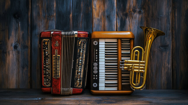 Accordion and Trumpet Duo, traditional accordion and trumpet side by side, representing Tejano and Mariachi music, Hispanic heritage, with copy space