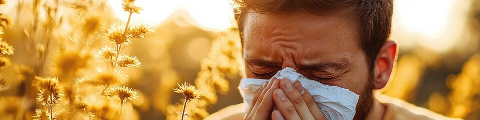 a man sneezes into a tissue on a background of ambrosia. Selective focus
