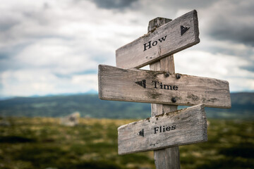 how time flies text quote on wooden directional signpost outdoors in nature