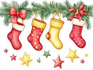 Colorful stockings and decorations on a garland create a joyful holiday atmosphere