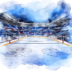 Watercolor Painting of a Hockey Rink in a Modern Arena.
