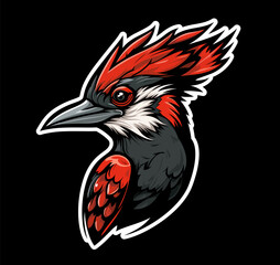 Fototapeta premium Ai generated woodpecker bird mascot. Vibrant woodpecker head with vivid red, black, and white feathers, captures a lively and dynamic essence. Emblem for team, nature-themed stickers or zoo park