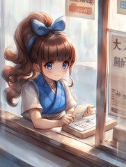 Anime Girl with Blue Bow and Blue Eyes Looking at Something in a Window.