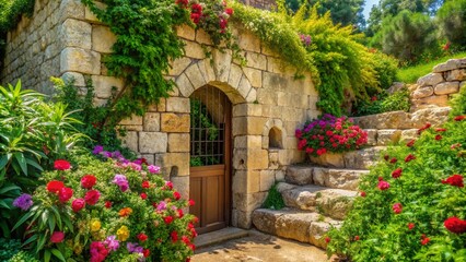 Ancient stone entrance of historic Jerusalem tomb surrounded by lush greenery, rustic stonewalls, and vibrant flowers, evoking a sense of serenity and biblical history.