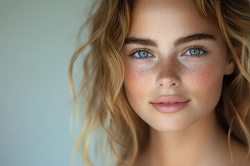 Naklejka premium captivating portrait of young woman soft natural lighting subtle smile clear skin white background genuine expression lifestyle photography