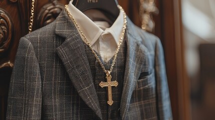 concept of baptism clothes of a boy. Selective focus