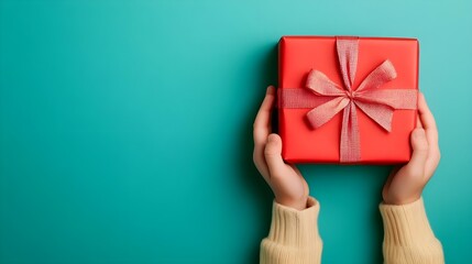 Red Gift Box with Ribbon in Hands on Teal Background