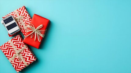 Obraz premium Red Gifts with Gold Ribbons on Blue Background