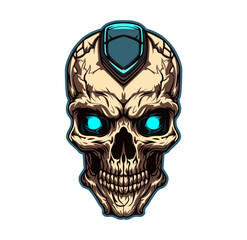 Ai generated cyber crime skull mascot, generative ai. Menacing cranium with glowing blue eyes, circuitry patterns, and ominous digital aura, symbolizing the dark side of technology and online threats