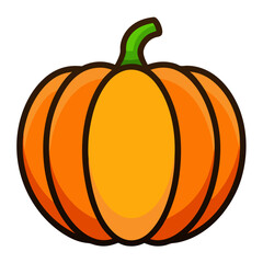 A detailed cartoon illustration featuring a pumpkin adorned with a green stem