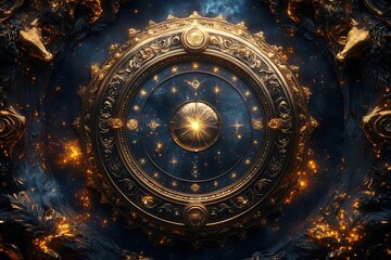 celestial zodiac wheel floating in cosmic nebula constellation animals glowing with stardust golden symbols emerging from cosmic swirls