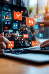 Marketing strategies in action, featuring social media icons, data analytics charts, a laptop displaying campaign metrics, and a person managing ads through a tablet, digital marketing concept
