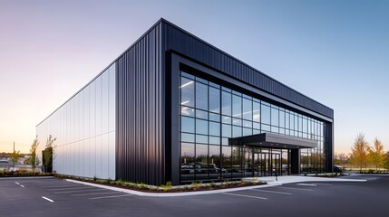A modern industrial building with black and white metal cladding, featuring large windows for natural light and steel frames