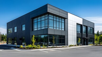 A modern industrial building with black and white metal cladding, featuring large windows for natural light and steel frames