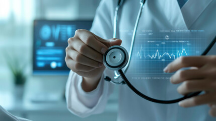 A healthcare professional using a stethoscope with digital heart rate data overlay, highlighting the fusion of modern technology and traditional medical care for advanced patient monitoring