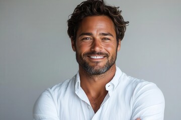Fototapeta premium charismatic young businessman with confident smile and crossed arms crisp white shirt against white background exudes professionalism and approachability