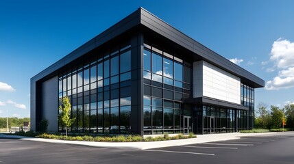 Fototapeta premium A modern industrial building with black and white metal cladding, featuring large windows for natural light and steel frames