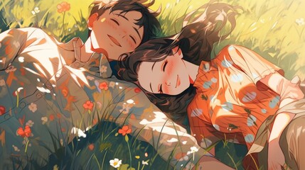 Couple Relaxing Together on a Meadow, Enjoying a Peaceful Outdoor Moment