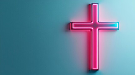 Obraz premium A vibrant neon cross illuminated against a soft blue background, symbolizing faith and spirituality in a modern design.