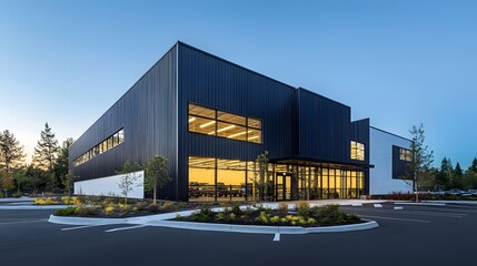 Obraz premium A modern industrial building with black and white metal cladding, featuring large windows for natural light and steel frames