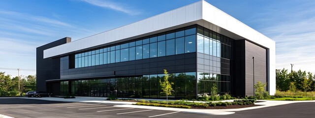 A modern industrial building with black and white metal cladding, featuring large windows for natural light and steel frames