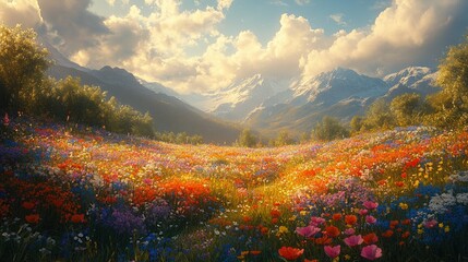 A field blanketed in wildflowers bursting with color