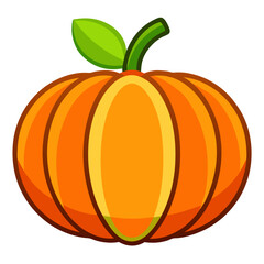A colorful cartoon illustration of a pumpkin featuring a green stem and a leaf