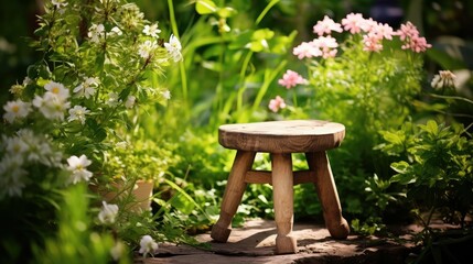 Naklejka premium flowers old wooden stool