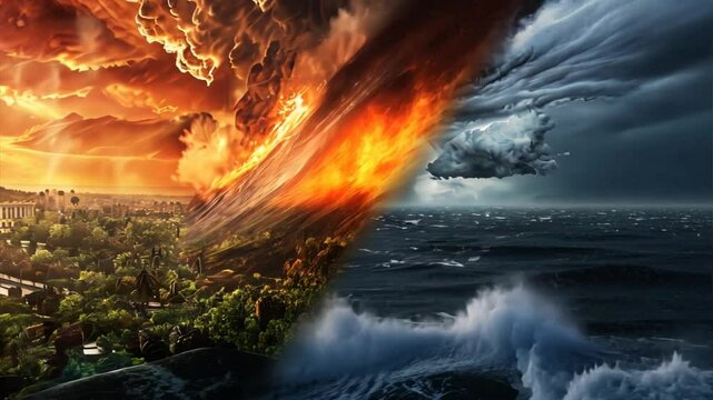World Divided: Paradise Lost - A cataclysmic split, fire and storm, serenity and destruction, nature's duality in a breathtaking spectacle. 