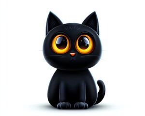 Obraz premium A cute black cat with large, expressive orange eyes, sitting upright on a clean white background, perfect for adorable pet imagery.