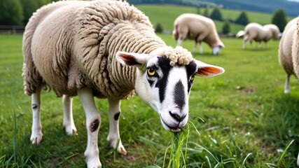 Fototapeta premium Close up of sheep with black and white face, grazing in a field.
