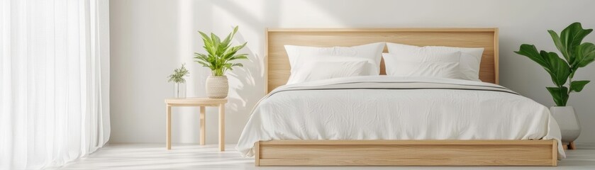 Sustainable oak bed frame with organic linen bedding in a minimalist bedroom, evoking eco-luxury, sustainable oak wood, eco-friendly interior