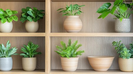 Vintage oak bookshelf filled with handmade pottery and green plants, representing eco-friendly home decor, oak wood, sustainable living