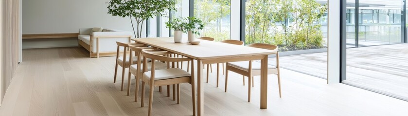 Fototapeta premium An oak dining set with organic shapes, arranged in an open space filled with natural light, symbolizing eco-conscious living, oak furniture, sustainability design
