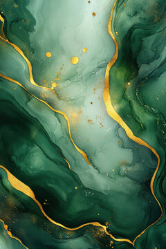 Elegant abstract painting with green and gold hues, featuring fluid marble-like patterns. Perfect for modern interiors and artistic inspiration.
