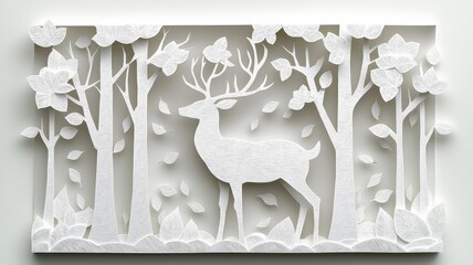 A delicate white paper cut of a deer among trees and flowers, showcasing intricate design and serene nature theme.