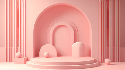 Abstract minimal scene with geometrical forms, Pink podium for your design ,Podium pedestal on pastel soft colored background