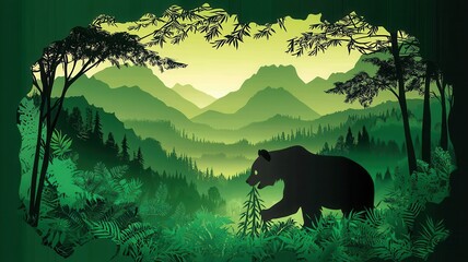 A silhouetted bear foraging in a lush green forest, framed by rolling mountains and vibrant foliage at dusk.
