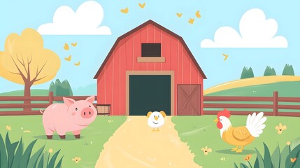 Fototapeta premium A red barn with a pig, a chick, and a rooster in front of it