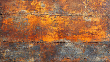 Obraz premium Close-up of a rusty metal surface with orange and brown textures, featuring corrosion and weathered patterns, ideal for backgrounds or industrial themes.