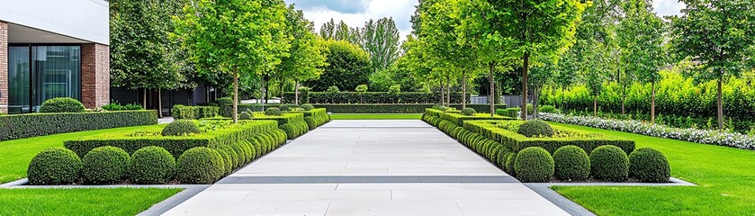 Fototapeta premium A beautifully landscaped garden with manicured hedges and a serene pathway surrounded by lush greenery.